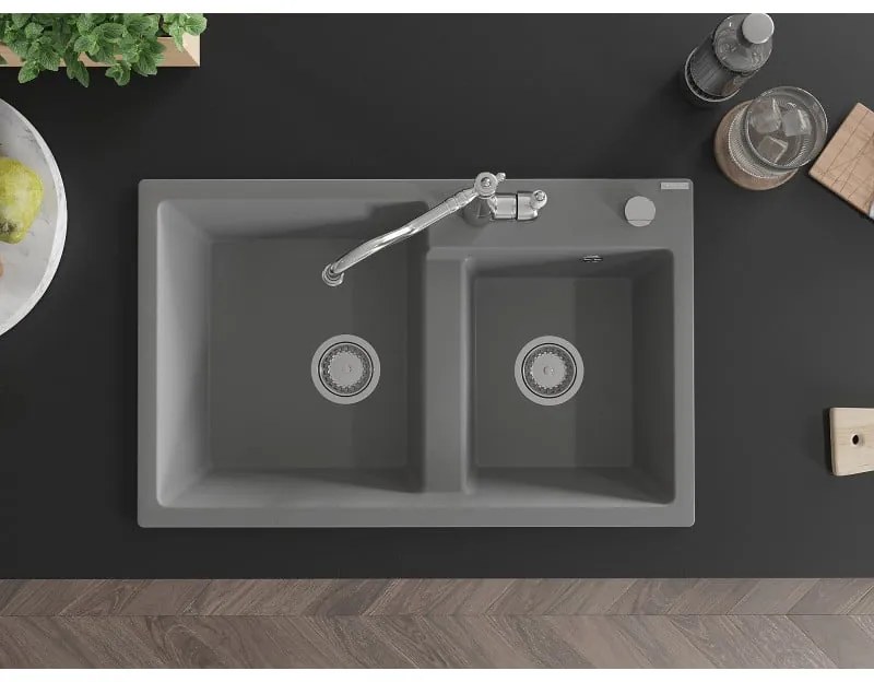 Mexen Tomas, granitový drez 800x500x190 mm, 2-komorový a drezová batéria Carla, šedá, 6516-71-670700-00