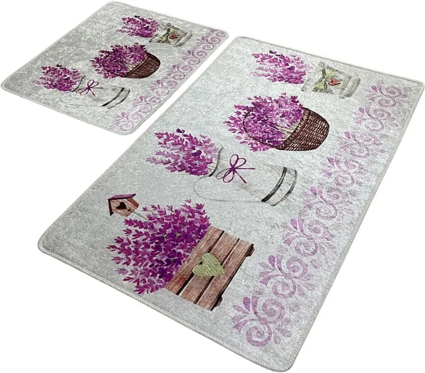Súprava 2 kusov kúpeľňových predložiek Záhrada levandule sivá/fialová