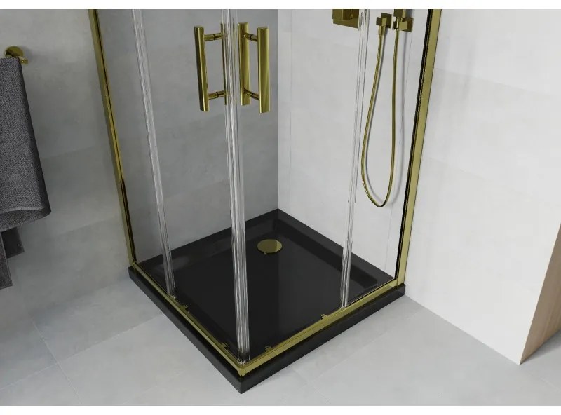 Mexen Rio, štvorcový sprchovací kút s posuvnými dverami 90(dvere) x 90(dvere) x 190 cm, 6mm číre sklo, zlatý profil + čierna sprchová vanička SLIM, 860-090-090-50-00-4070G