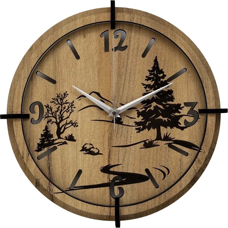 Moderné nástenné hodiny s motívom lesa a hôr | SENTOP HDF0600-GOLD-OAK