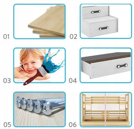 Interbeds MAX 4 poschodová posteľ 258x180 komplet + matrac + písací stôl + šatník modro-biela 2025