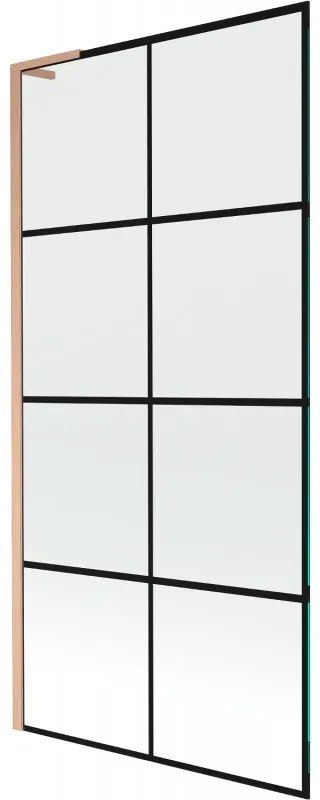 Mexen Next L, 1-krídlová vaňová zástena 90 x 150 cm, 6mm číre sklo-čierny vzor, medený profil, 895-090-000-03-77-65