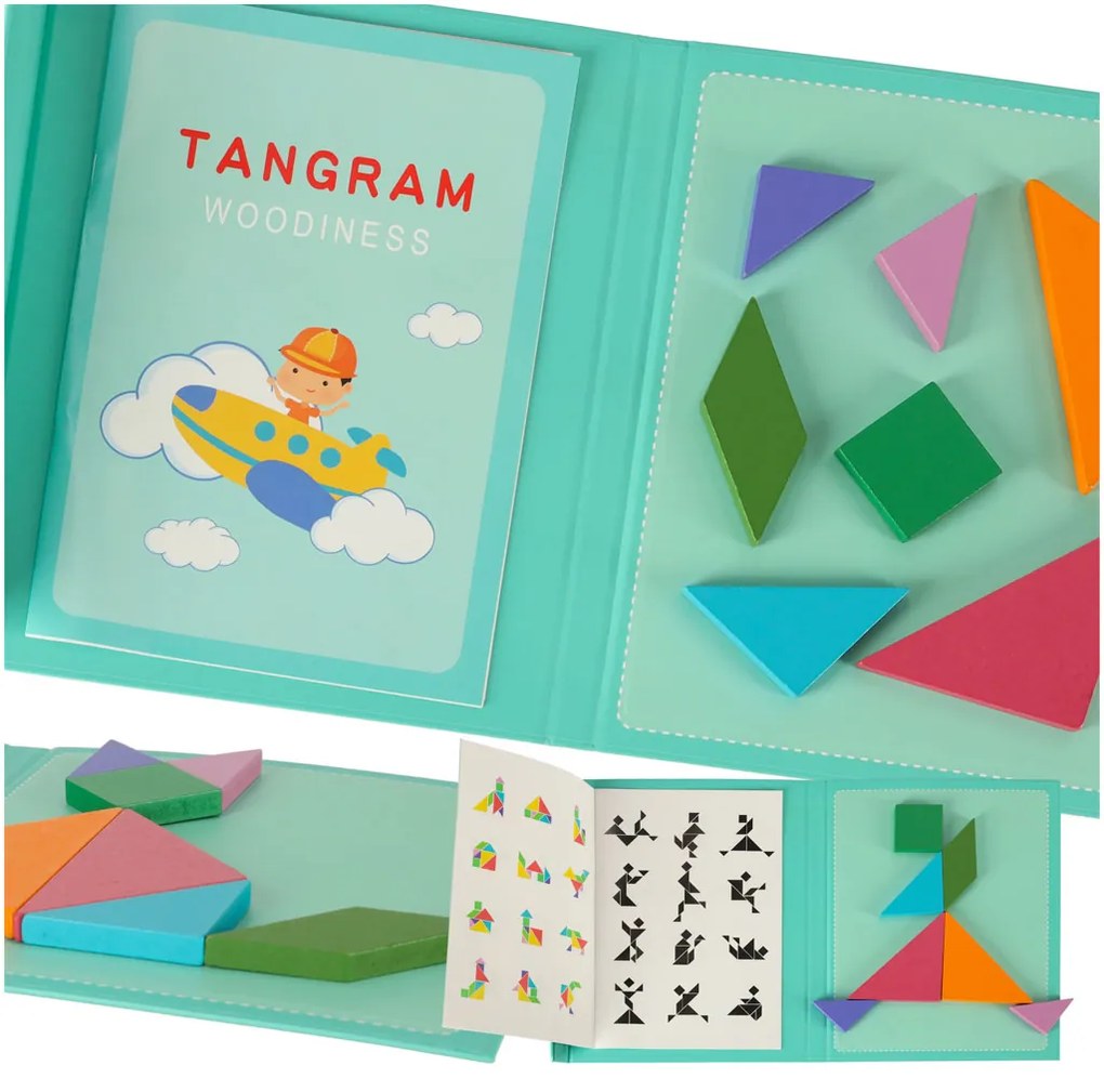 KIK Magnetická knižka Tangram 3D – drevený magnetický puzzle set pre deti, Montessori