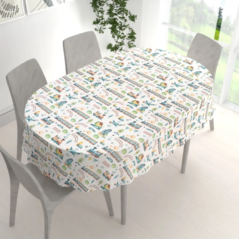 Biante Detský bavlnený oválny obrus Sandra SA-659 Modré vláčiky s lietadielkami na bielom 140x220 cm