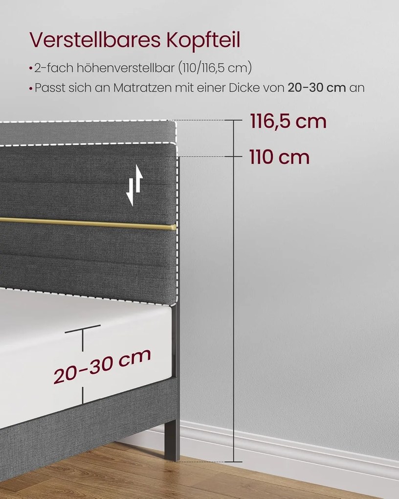 VASAGLE čalúnený rám postele, vhodný pre matrac 140 x 200 cm, šedý