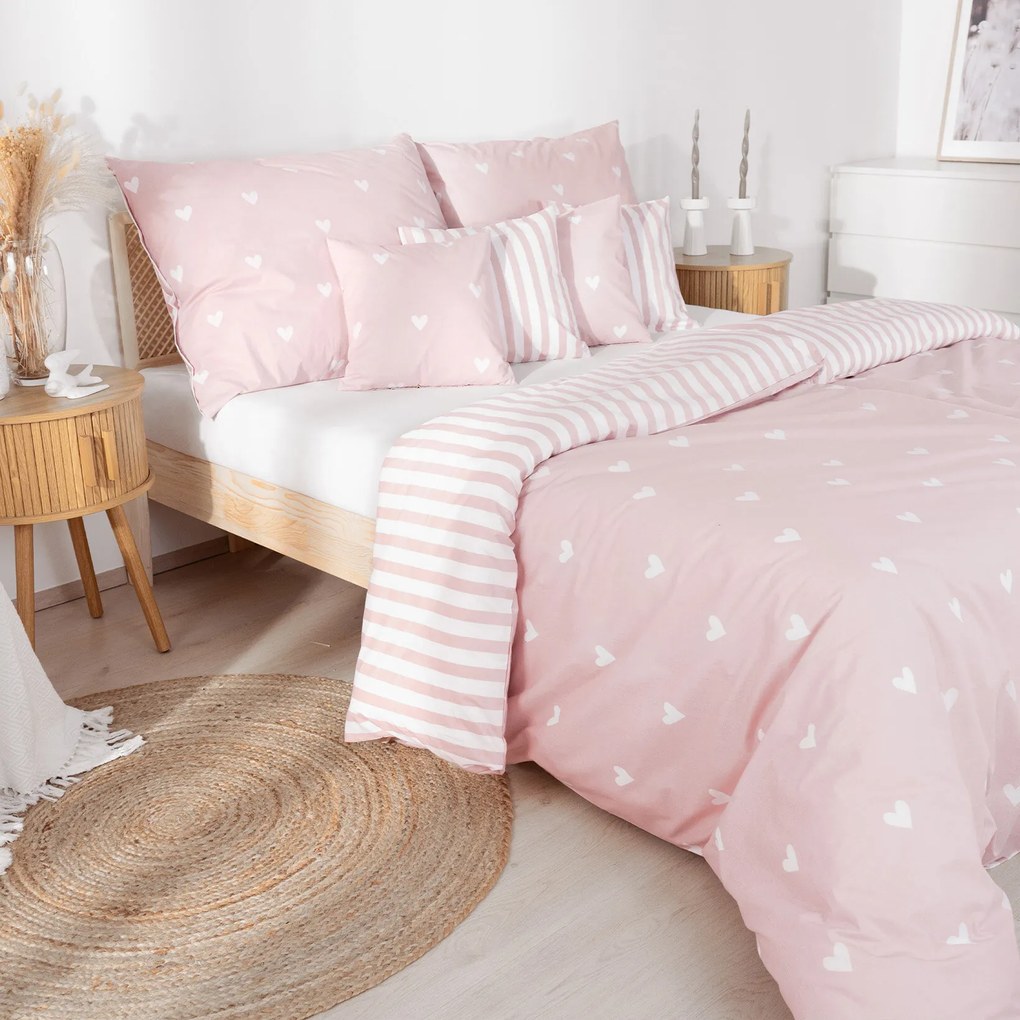 Goldea bavlnené posteľné obliečky - srdiečka na púdrovo ružovom s prúžkami 140 x 200 a 70 x 90 cm