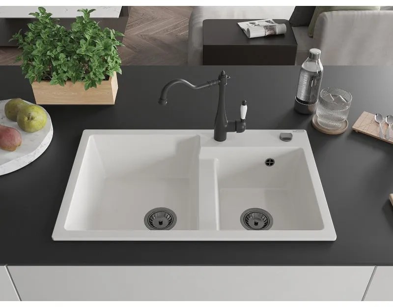 Mexen Tomas, granitový drez 800x500x190 mm, 2-komorový a drezová batéria Carla, biela, 6516-20-670700-70