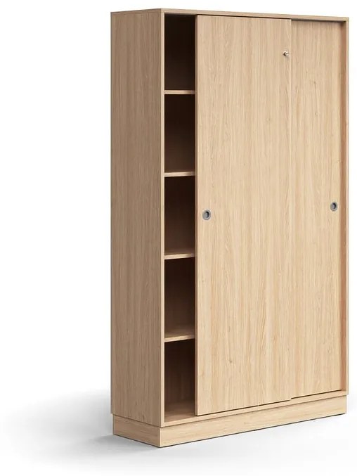 Skriňa s posuvnými dverami QBUS, 4 police, so soklom, s madlom, 2020x1200x400 mm, dub