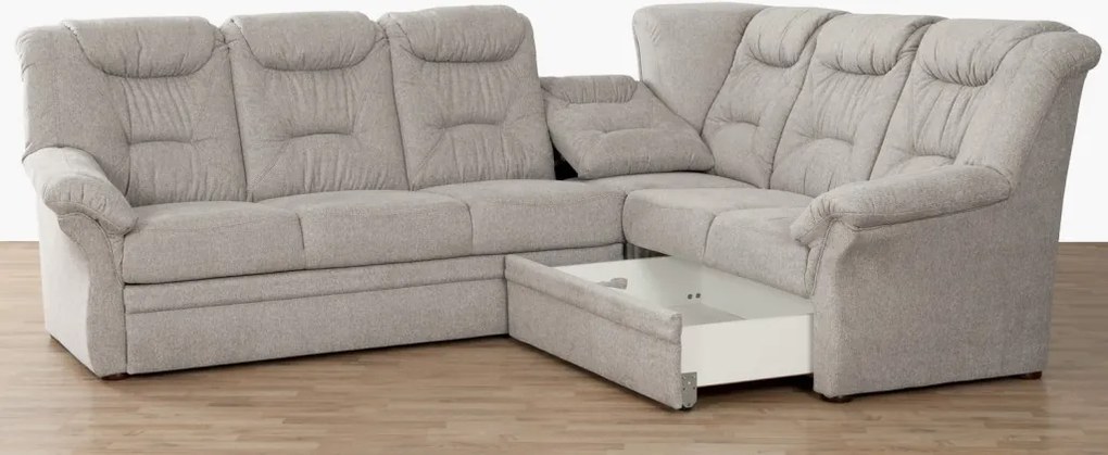 Rohová sedacia súprava Nelson, svetlo šedá látka, pravý roh, s rozkladom