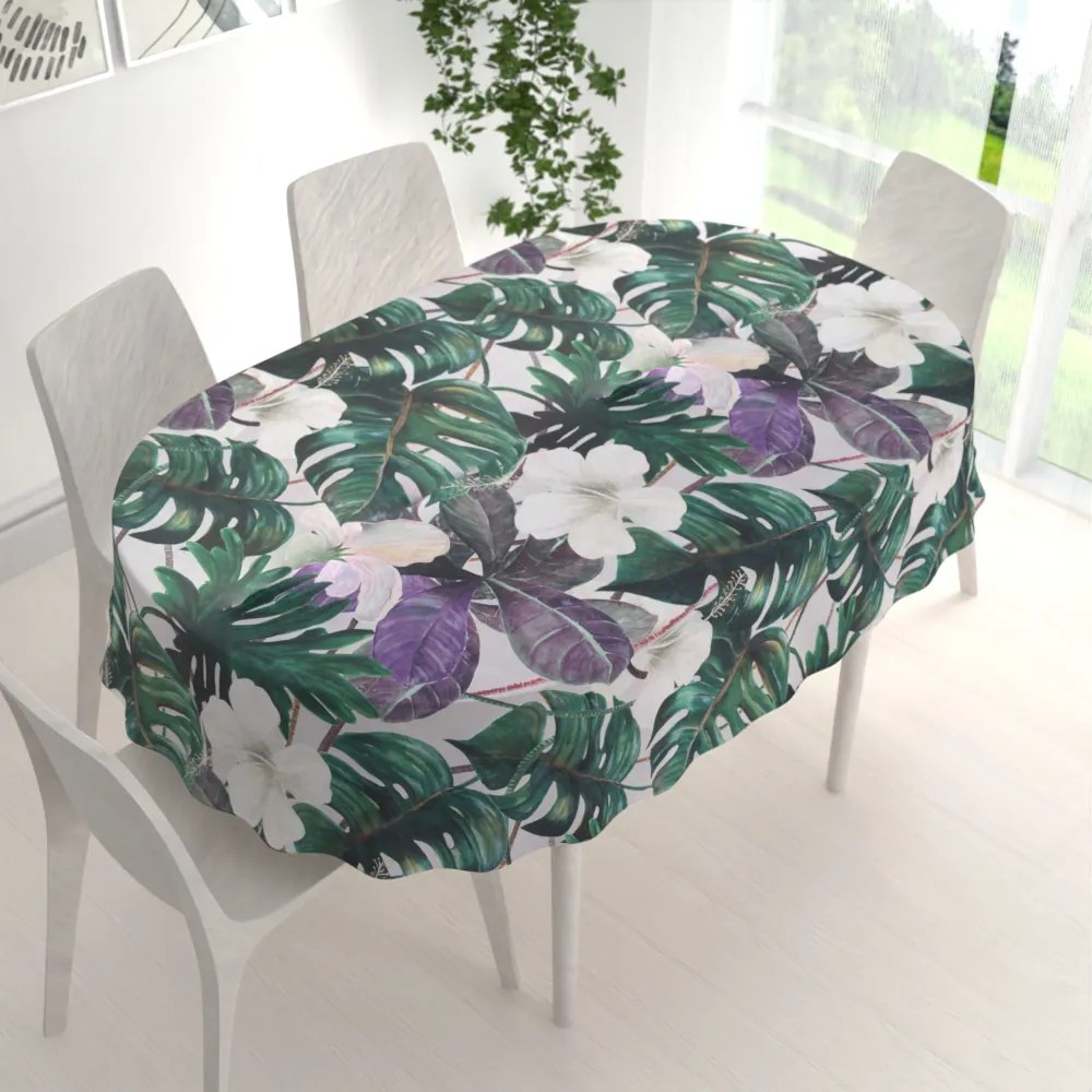 Biante Dekoračný oválny obrus Leona LN-146 Tropické listy s kvetmi na režnom 130x180 cm