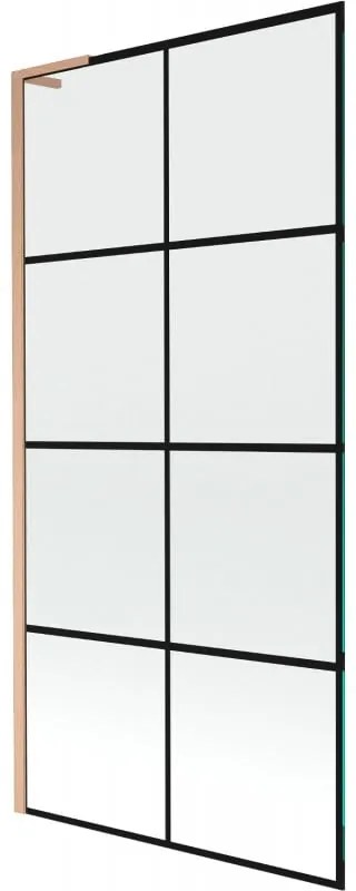 Mexen Next L, 1-krídlová vaňová zástena 90 x 150 cm, 6mm číre sklo-čierny vzor, medený profil, 895-090-000-03-77-65