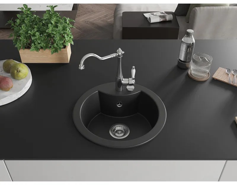 Mexen Diego, granitový drez 488x488x167 mm, 1-komorový a drezová batéria Carla, čierna, 6512-77-670700-00