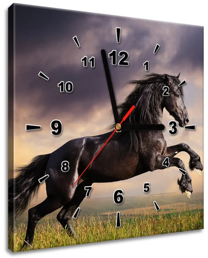 Gario Obraz s hodinami Silný čierny kôň Rozmery: 60 x 40 cm