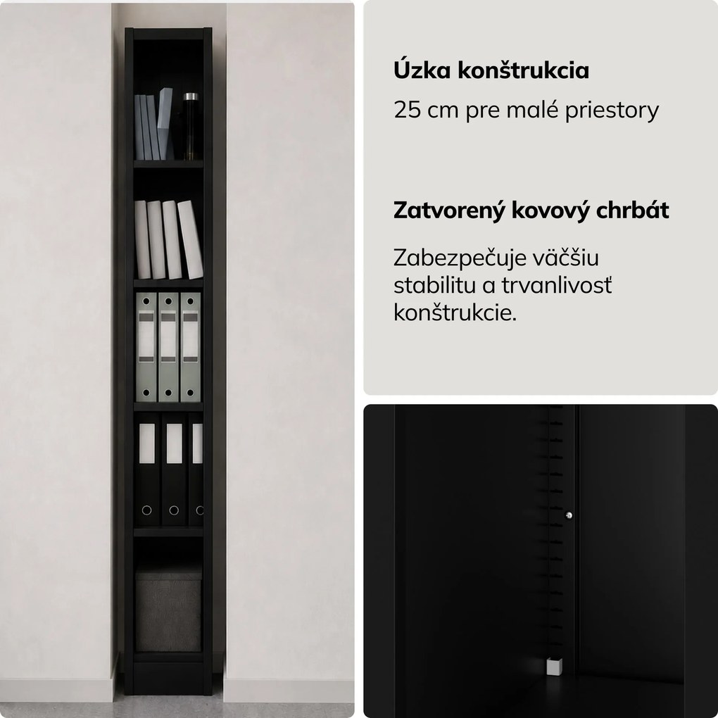 Úzky kovový archivačný regál na dokumenty čierny, 250x1950x400 mm: TIM