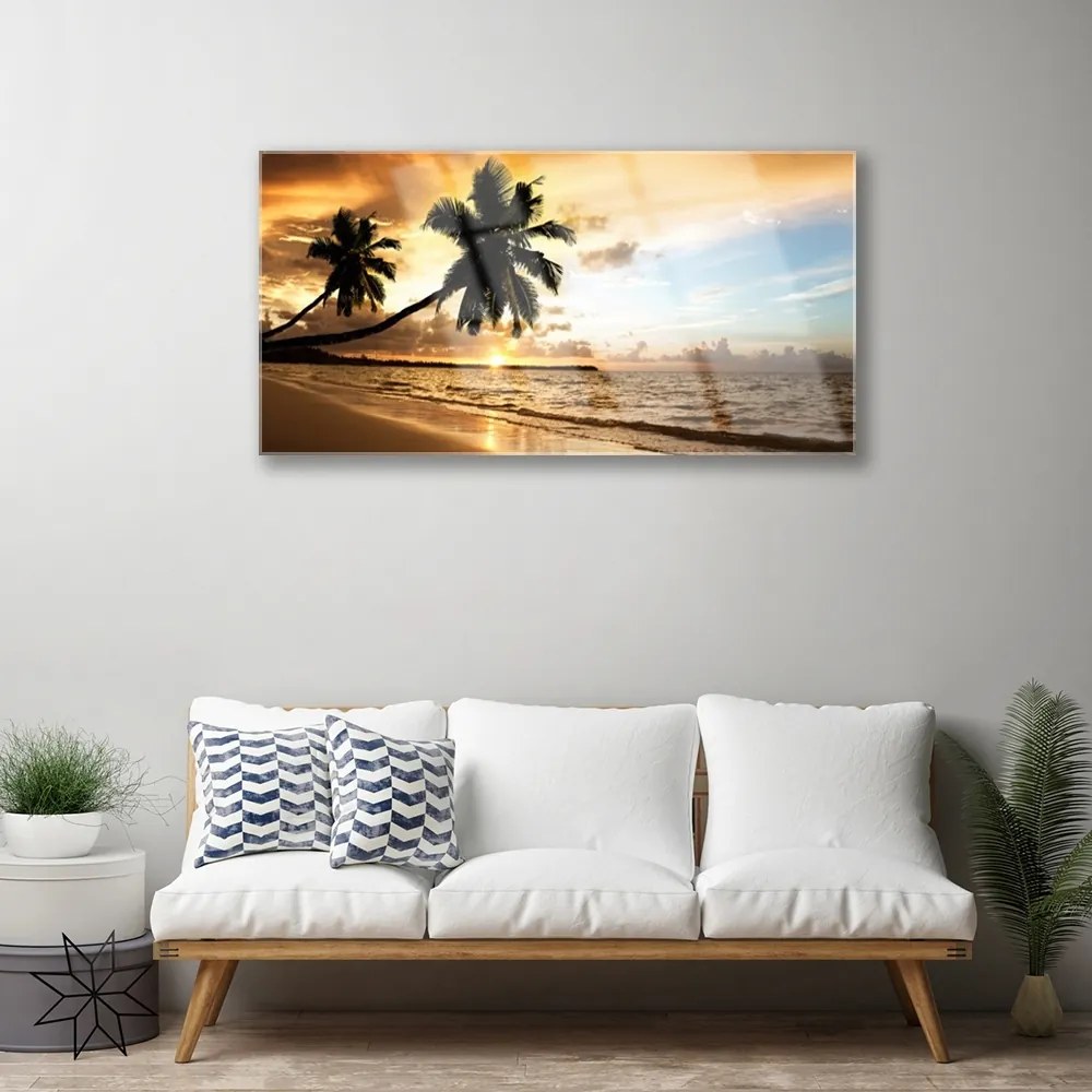 Skleneny obraz Palma stromy pláž krajina 125x50 cm
