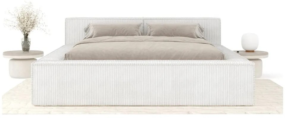 Krémová čalúnená dvojlôžková posteľ s úložným priestorom s roštom 180x200 cm Voliera – Maison de Rêve