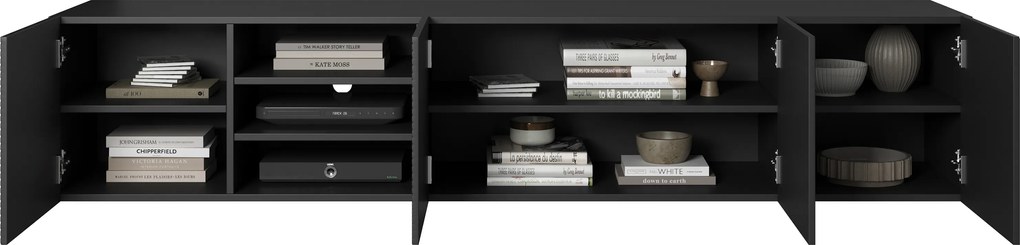 Závesný TV stolík Asha 200 cm s 3 otvorenými policami - čierny mat