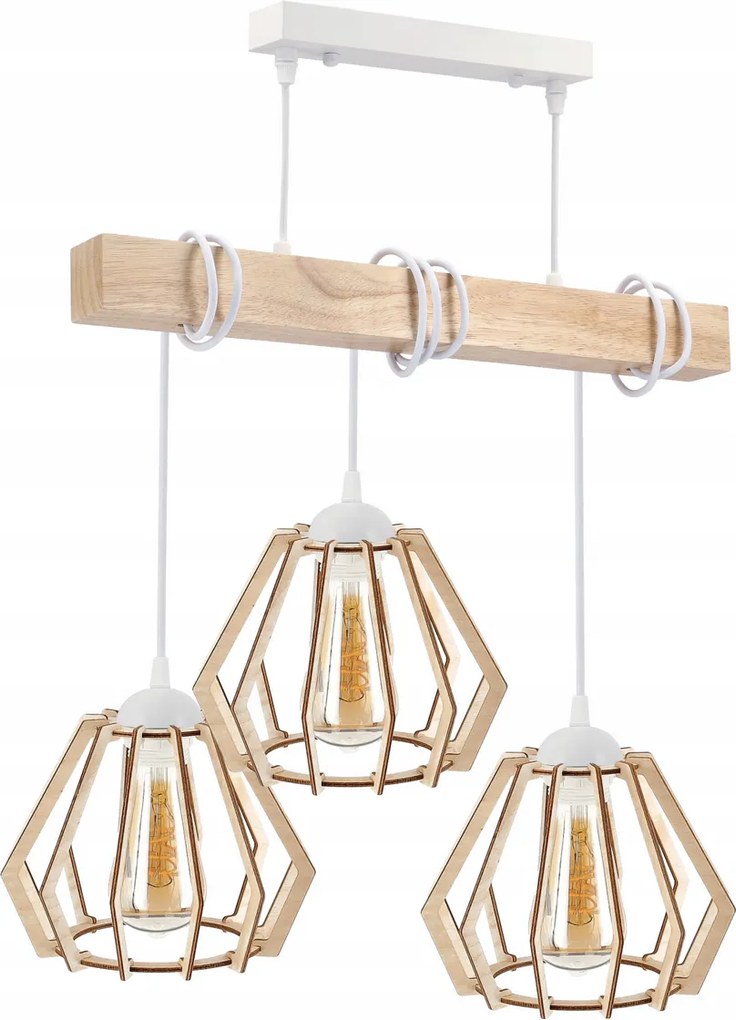 BERGE LED závesné stropné svietidlo, drevený trám, 3xE27, loft, brilantné drevo - biela