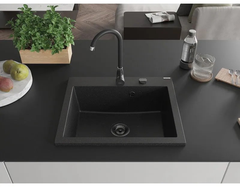 Mexen Elix, 1-komorový granitový drez 600 x 500 mm, čierna/strieborná metalíza, čierny sifón - 6525601005-73-B