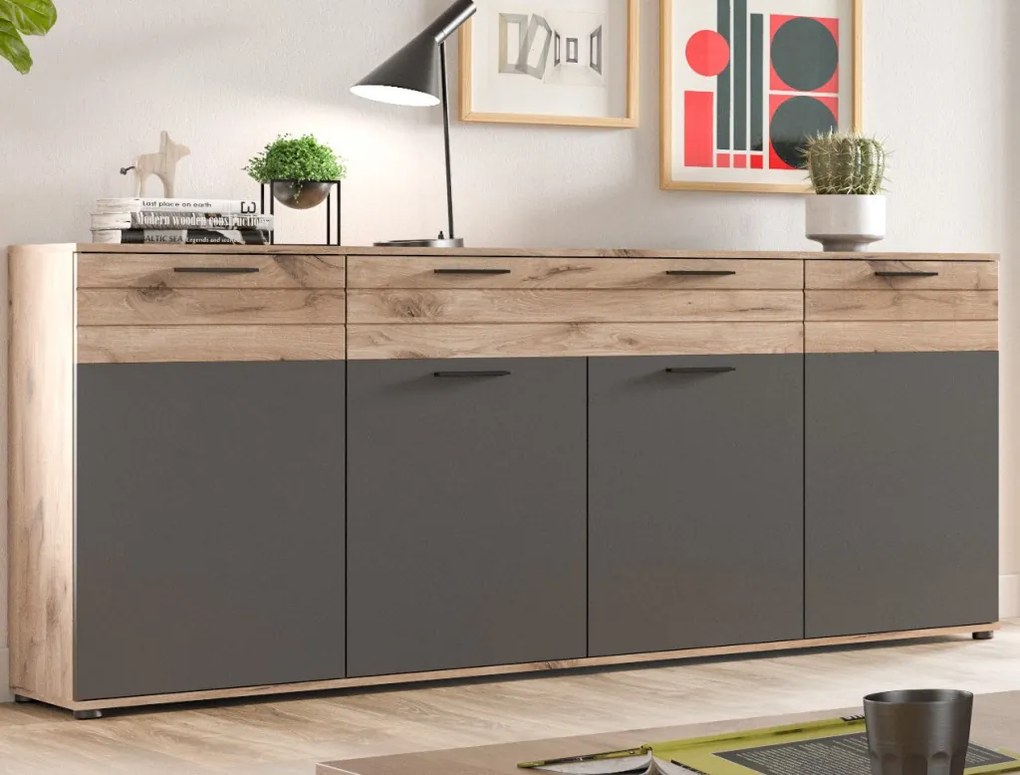Široká komoda so zásuvkou Mason, dub/šedá