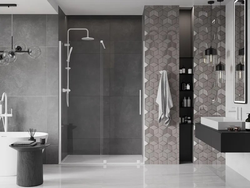 Mexen Velar, posuvné dvere do otvoru 130x200 cm, 8mm číre sklo, biely profil, 871-130-000-01-20