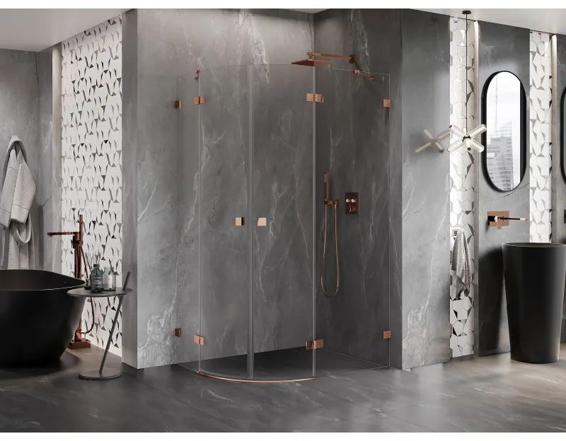 Mexen Lunar, pravý polkruhový sprchový kút 90 x 80 cm, 8mm číre sklo, profil ružové zlato, 833-090P-080L-60-00