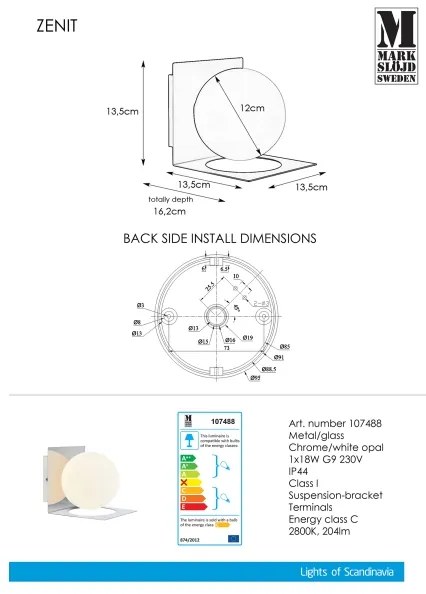 Markslöjd 107488 - Kúpeľňové nástenné svietidlo ZENIT 1xG9/18W/230V IP44