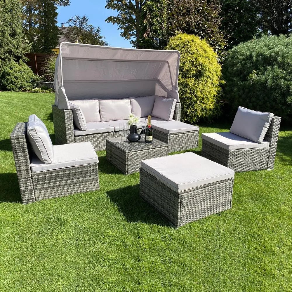 Ratanový sofa set so skladacou strieškou BELVEDERE - Sivá / Sivá