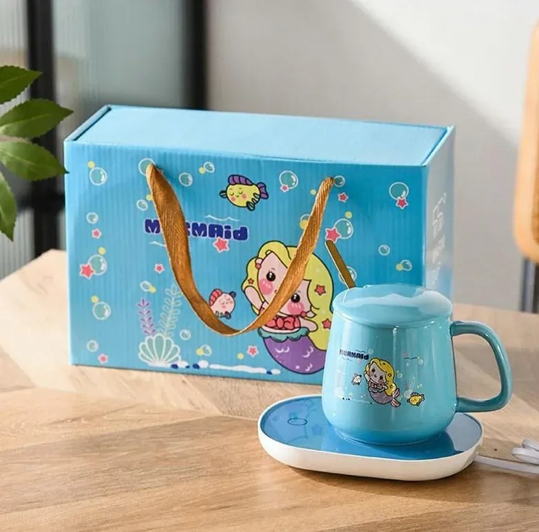 Sada keramického hrnčeka s elektrickým ohrievačom Lucky v darčekovom balení - blue