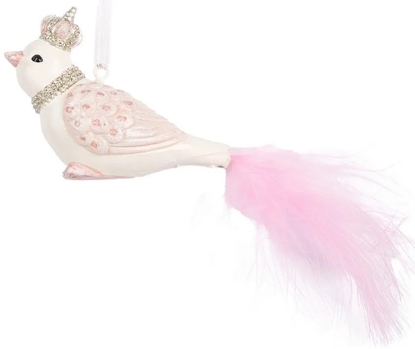 Bielo-ružová dekorácia vtáčik s pierkovým chvostíkom - 8*5*5 cm