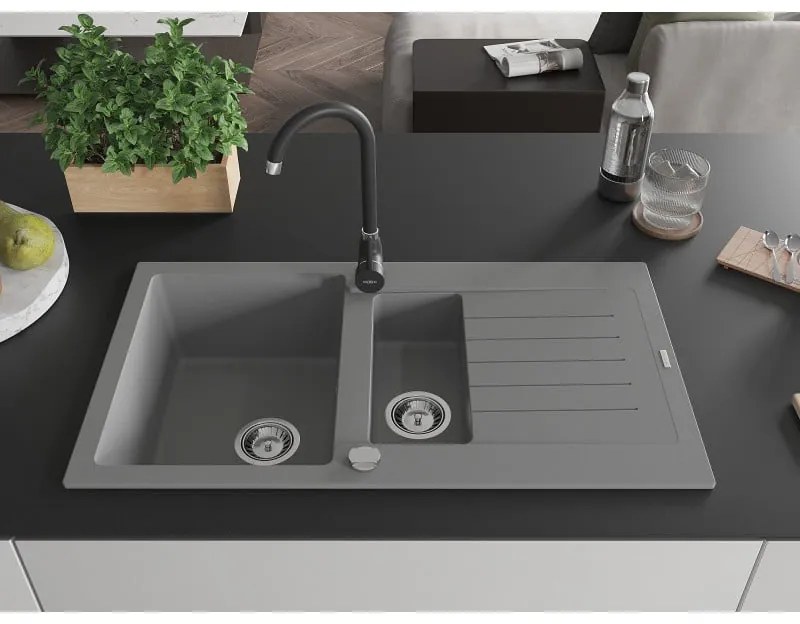 Mexen Matias, granitový drez 900x505x200 mm, 1,5-komorový a čierna batéria Telma, šedá, 6502-71-670200-70
