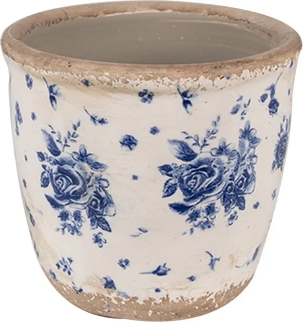 Béžový keramický obal na kvetináč s modrými ružami Blue Rose XS - Ø 11*10 cm