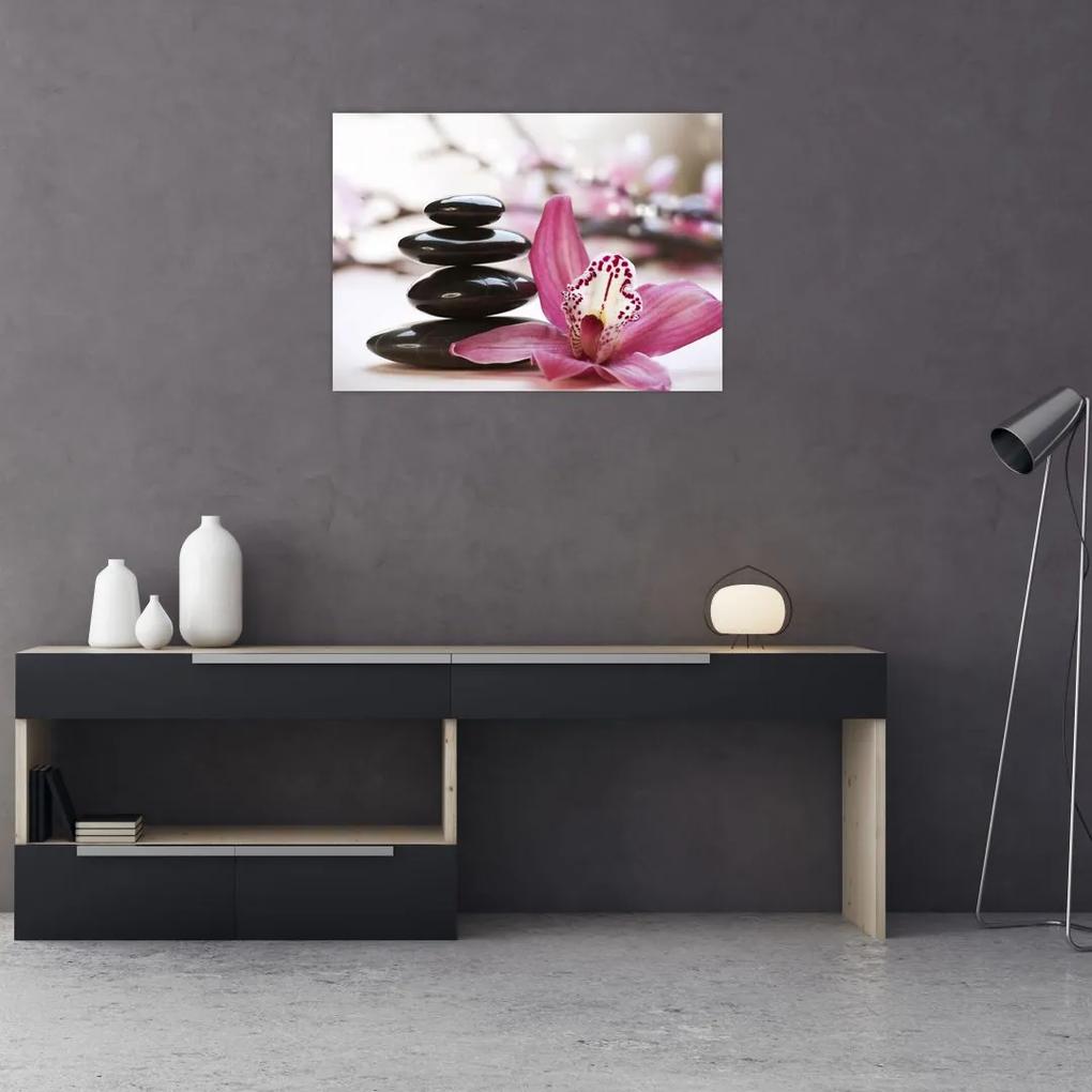 Obraz masážnych kameňov a orchidey na vode (70x50 cm)