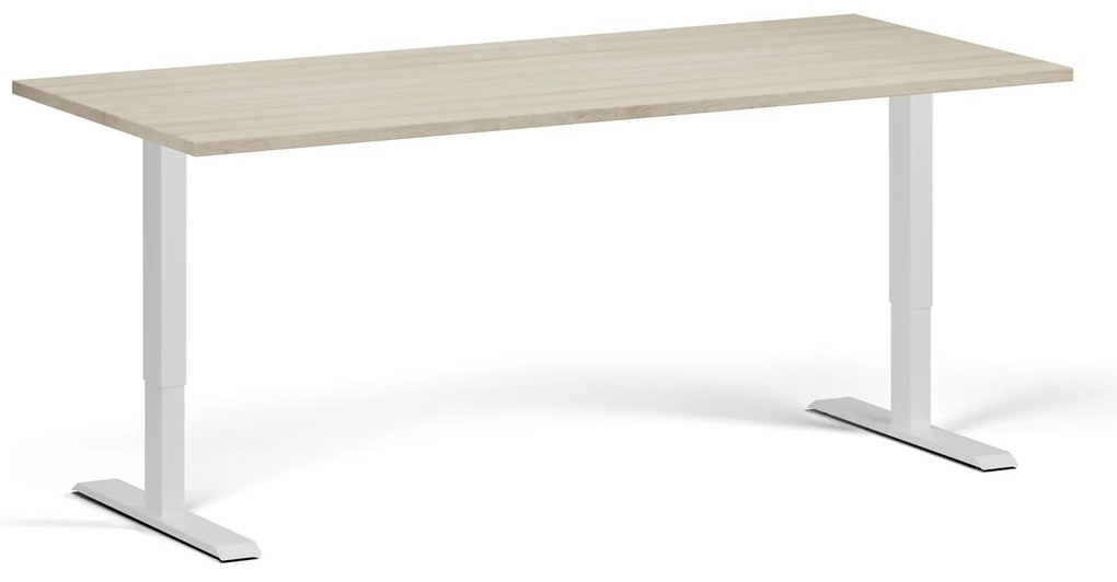 Výškovo nastaviteľný stôl, 180x80 cm, 2 motory, biela podnož, dub prírodný