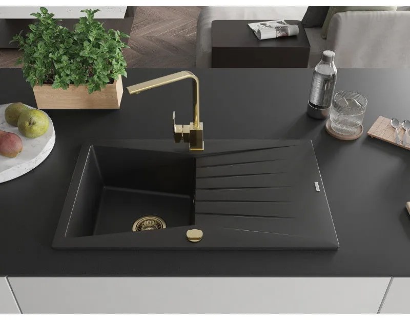 Mexen Cesar, granitový drez 775x470x190 mm, 1-komorový, čierna so zlatým sifónom a zlatá drezová batéria Rita, 6514-77-670300-50