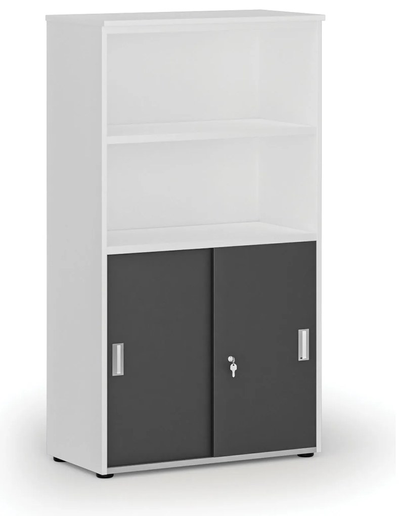 Kombinovaná kancelárska skriňa PRIMO WHITE, zasúvacie dvere na 2 poschodia, 800 x 420 x 1434 mm, biela/grafit