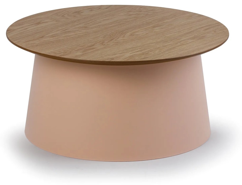 Plastový kávový stolík SETA s drevenou doskou, priemer 690 mm, dub/tehlová