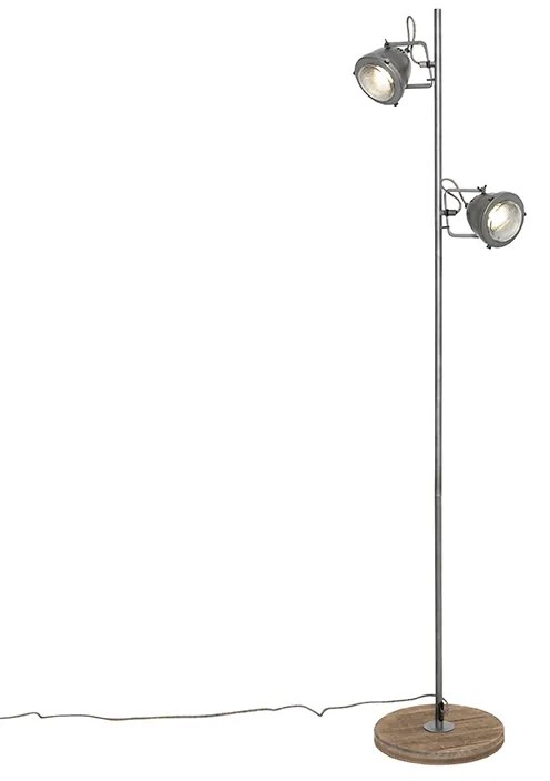 Priemyselná stojaca lampa oceľ s drevom 2-svetlá - Emado