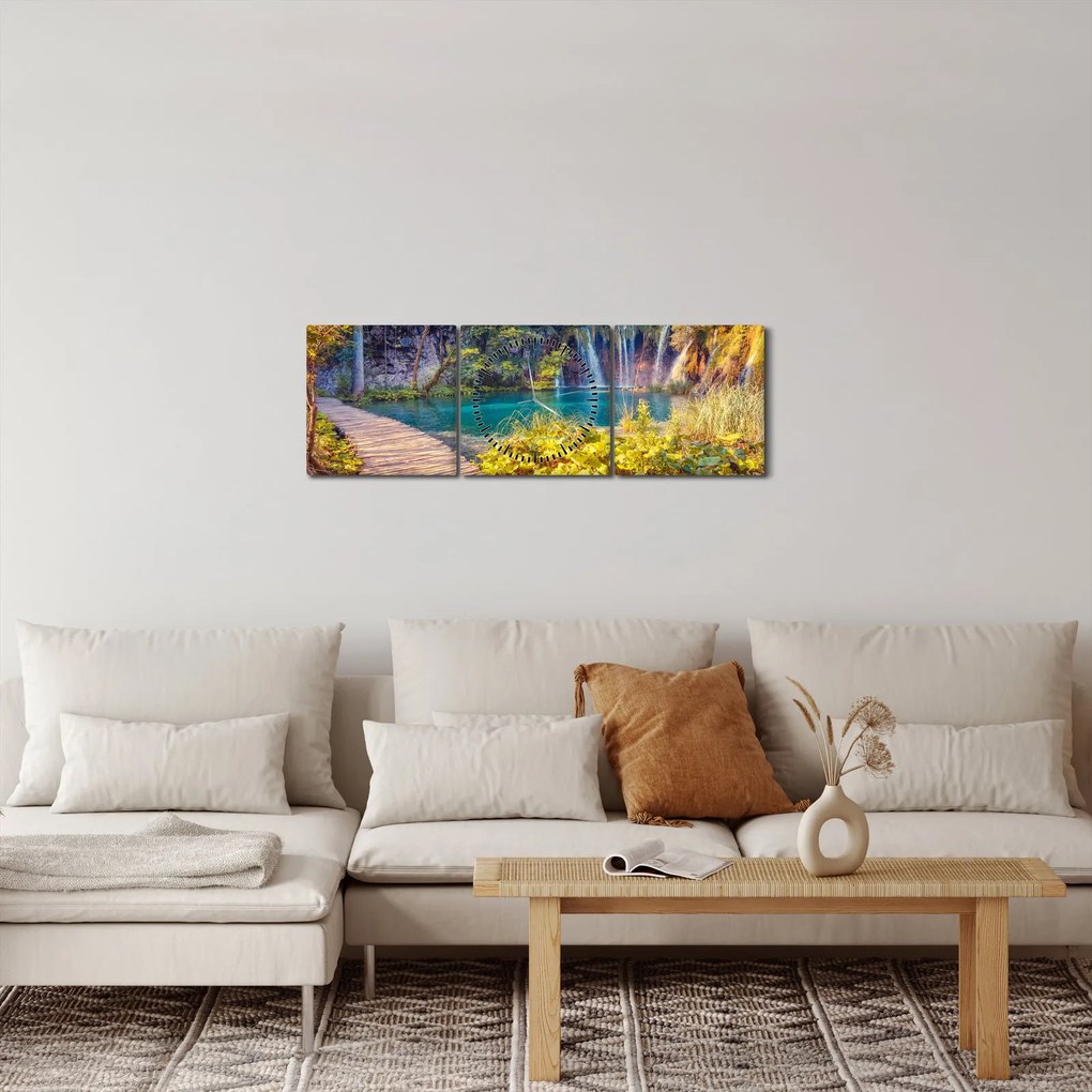 Obraz - Plitvické jazerá, Chorvátsko (s hodinami) (90x30 cm)