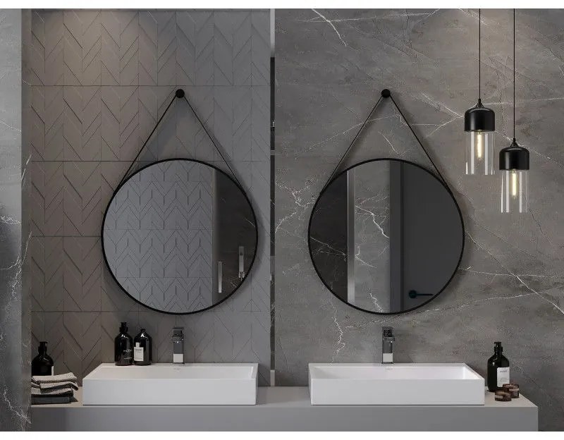 Mexen String, okrúhle kúpeľňové zrkadlo na pásiku 70 cm, farba rámu čierna matná, 9854-070-070-000-70