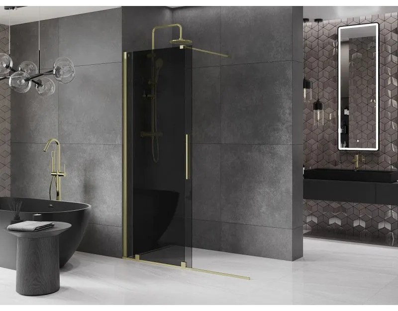 Mexen Velar, sprchová zástena s posuvnými dverami Walk-in 150 x 200 cm, 8mm šedé sklo, zlatá matná, 871-150-000-43-55