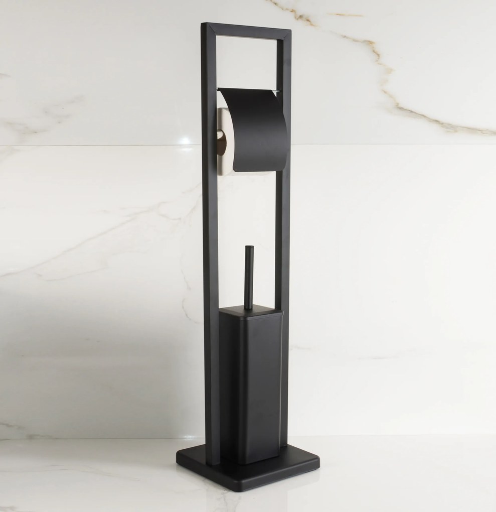 Držiak toaletného papiera s WC štetkou - čierny s chlopňou