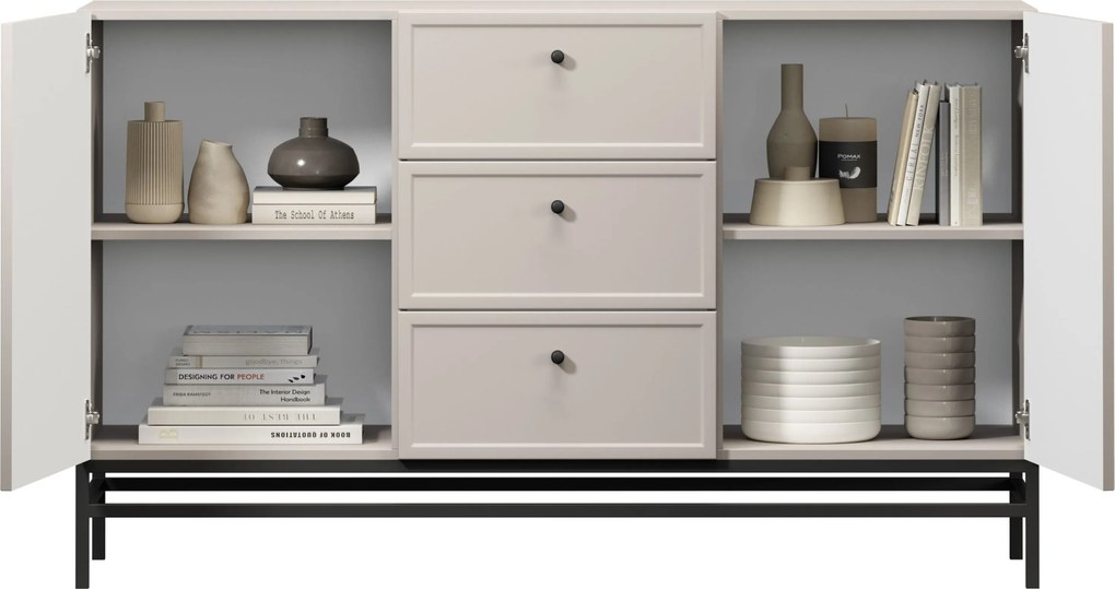 Komoda Lorini 150 cm so zásuvkami - kašmír / čierne úchytky / kovový rám
