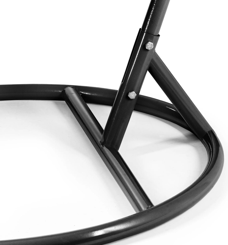 Čierne závesné kreslo KOKON so stojanom, sivý vankúš