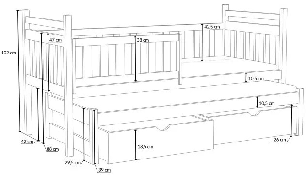 Detská posteľ z masívu borovice PROKOP s prístelkou a šuplíkmi - 200x90 cm - BIELA