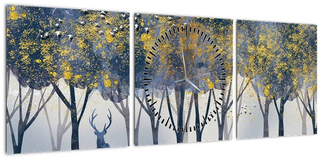 Obraz jeleňa v lese (s hodinami) (90x30 cm)