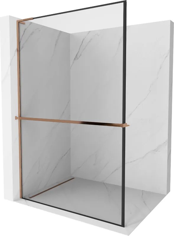 Mexen Kioto+ L, sprchová zástena Walk-In s poličkou a vešiakom 80 x 200 cm, 8mm číre sklo čierny vzor, ružové zlato profil, 800-080-123-60-70