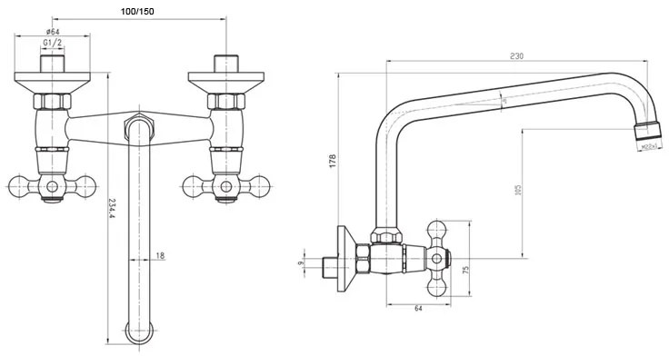 Mereo Mereo, Retro Viktorie batéria drezová, nástenná, s U ramienkom rúrkovým ø 18 mm - 230 mm, rozteč 100mm, chróm, MER-CBL301A04