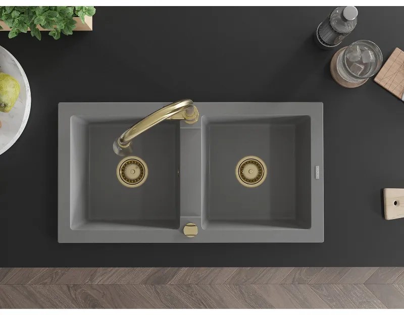 Mexen Mario, 2-komorový granitový drez 820x436x161 mm a drezová batéria Elia, šedá, 6504-71-670101-50
