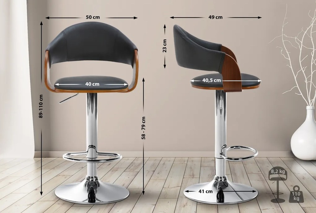 Barová stolička Nilse - koženka, chróm rám - orech/čierna